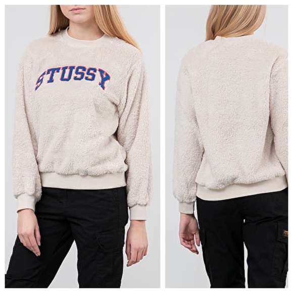 STUSSY Pilar Women’s L Cream Sweatshirt Sherpa Fleece Collegiate Streetwear - Picture 2 of 12